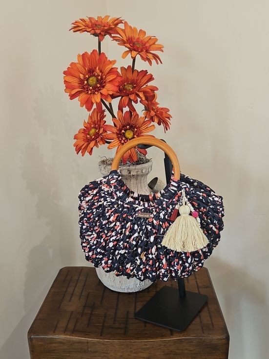 None Handbags - Hand Crocheted Black And Rose T-shirt Yarn Tote with Tassel